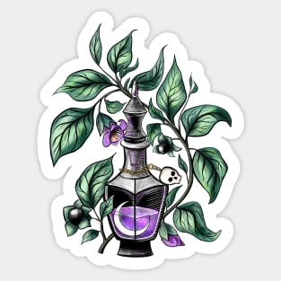 Deadly nightshade. Crescent in potion bottle Sticker